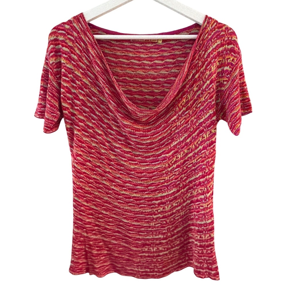 Kuna Womens XS 100% Bamboo Knit Cowl Neck Short Sleeve Top Pink Red Multi Peru